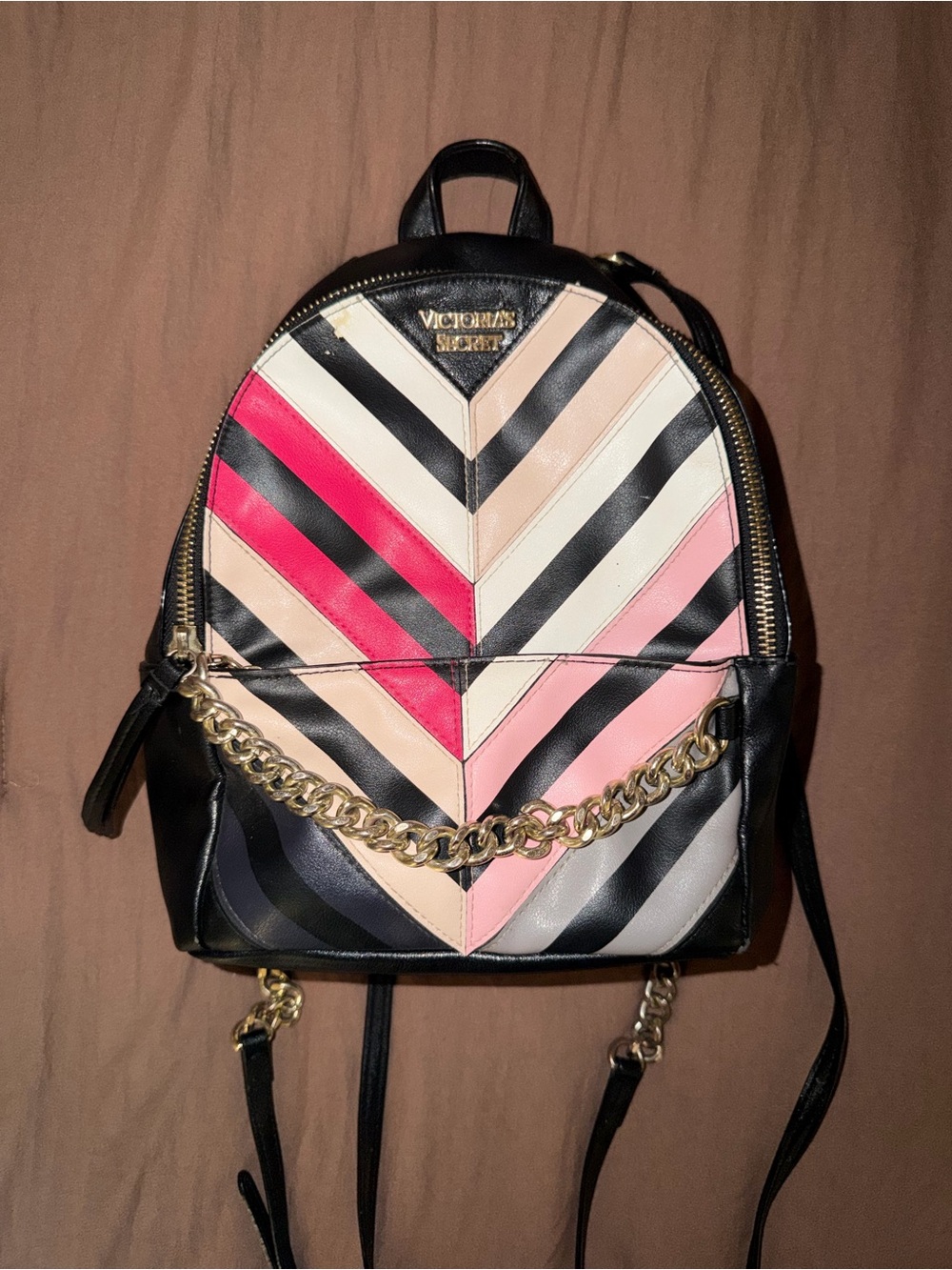 Victoria's Secret Pink, Black & Cream Chevron Mini Backpack with Gold Chain